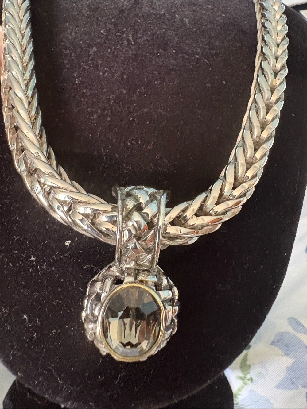 Silver-Tone Braided Necklace with Smoky Crystal Pendant